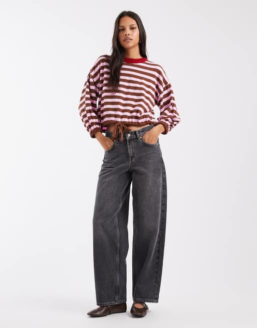 ASOS DESIGN stickad randig tröja med dragsko i fållen i brun och rosa, 3 av 4