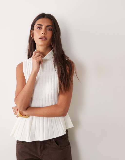 ASOS DESIGN stickad ribbad topp med hög krage i cream, 3 av 4