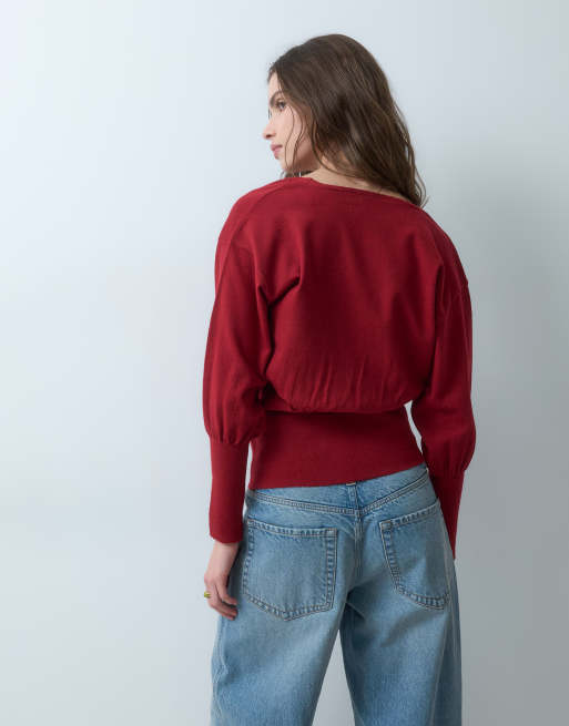 ASOS DESIGN stickad ribbad tröja med omlott i midjan i rött, 4 av 4