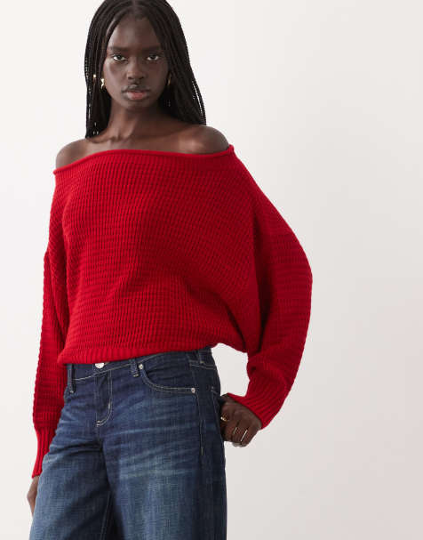 ASOS DESIGN stickad slouchy tröja med bara axlar i rött - view 1