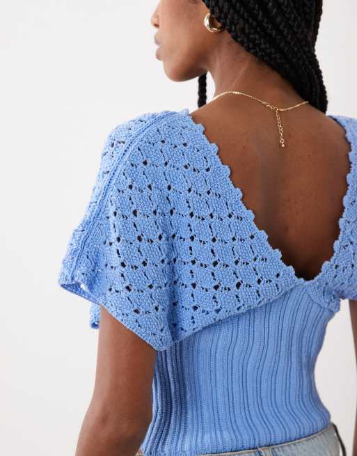 ASOS DESIGN stickad topp med djup ringning och markerad midja i aqua, 3 av 4