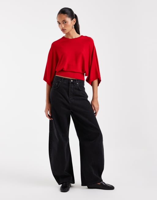 ASOS DESIGN stickad topp med pingvinärm och markerad midja i rött, 2 av 4
