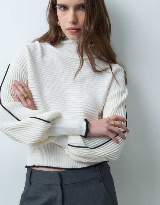 ASOS DESIGN stickad tröja i ribbstickning med kontrastkant i naturvit, 2 av 4