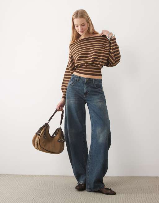 ASOS DESIGN stickad tröja med bara axlar i brun rand, 2 av 4
