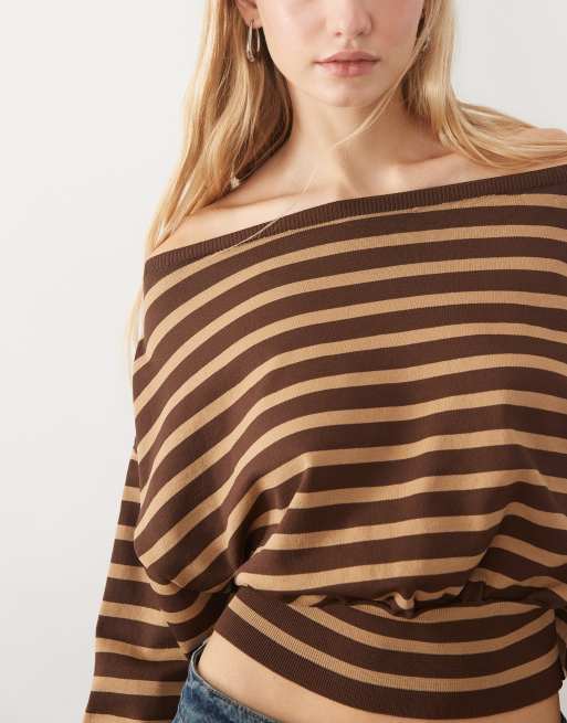 ASOS DESIGN stickad tröja med bara axlar i brun rand, 3 av 4