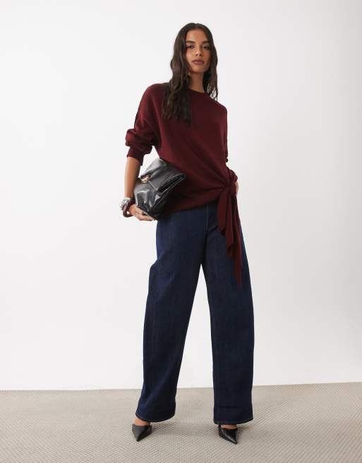 ASOS DESIGN stickad tröja med knytning i sidan i vinröd, 2 av 4