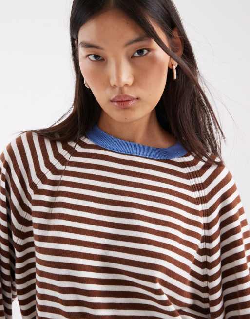 ASOS DESIGN stickad tröja med kontrast i naturvit och brun randig, 3 av 4