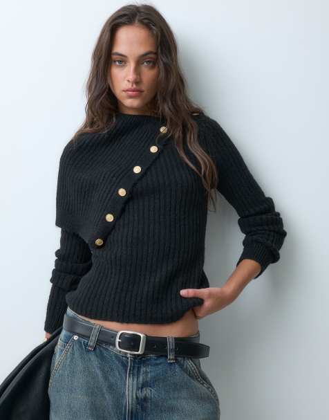 ASOS DESIGN stickad tröja med ståkrage och slits i halsen med knappdetaljer i svart - view 1