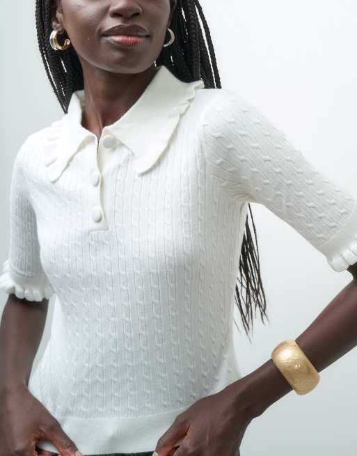 ASOS DESIGN stickad tröja med volangdetalj i naturvit, 3 av 4