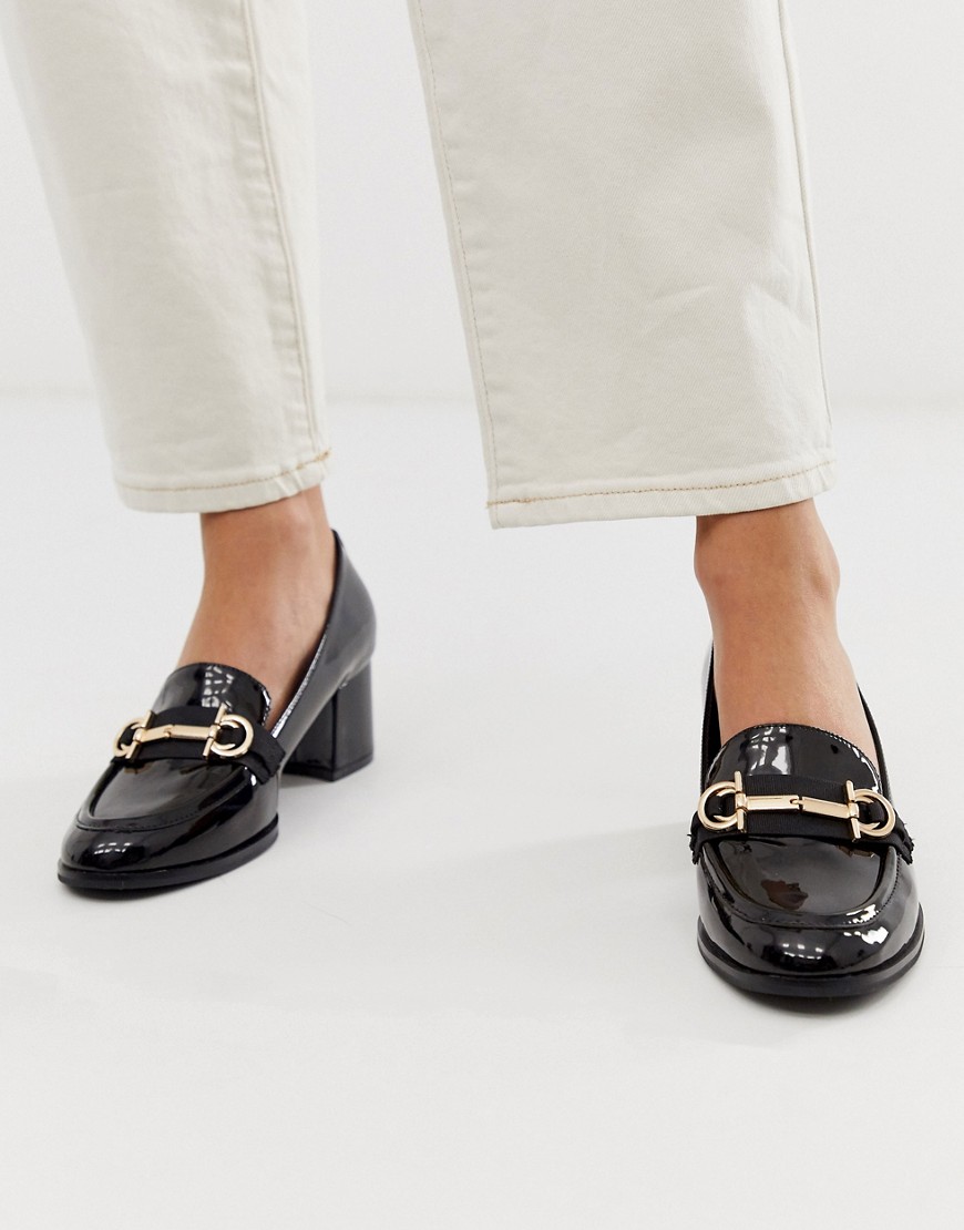 ASOS DESIGN Stirrup mid-heeled loafers in black patent