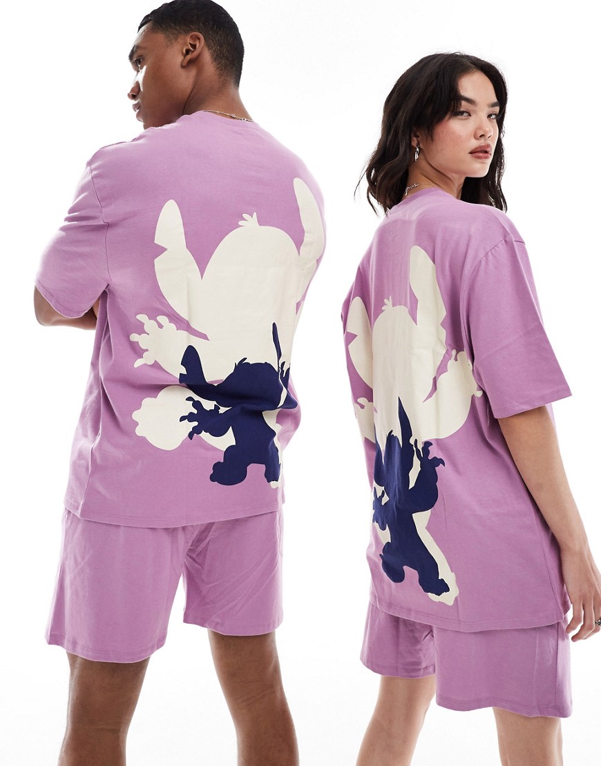 Asos Design Stitch Disney T-shirt And Shorts Pajama Set In Purple