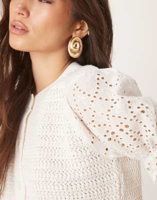Asos Design Stitch Interest Cardigan With Woven Sleeves In White