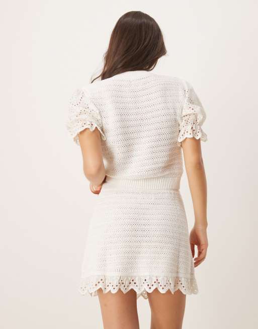 ASOS DESIGN stitch interest knitted mini skirt with woven trim co-ord in white, 3 of 5