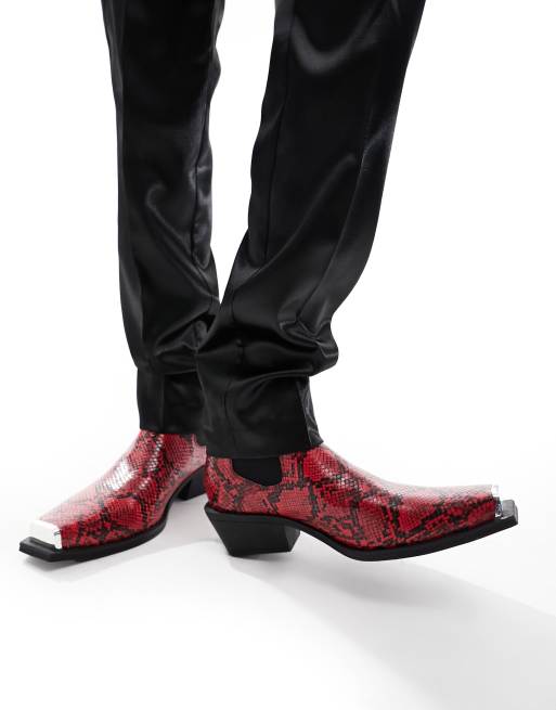 ASOS DESIGN - Stivaletti cubani con tacco in pelle sintetica rossa pitonata, 2 di 4