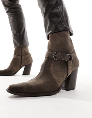 ASOS DESIGN heeled boot in brown suede with buckle detail - ASOS Price Checker