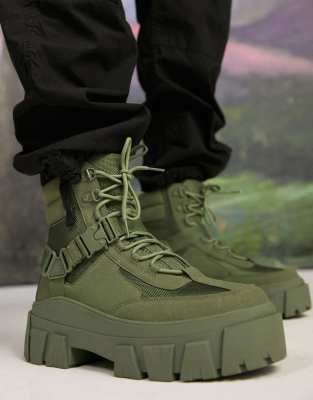 ASOS DESIGN lace up boot in green faux suede with strap detail on chunky sole - ASOS Price Checker