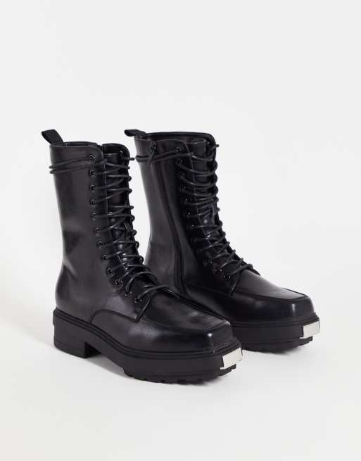 ASOS DESIGN - Stivaletti stringati in pelle sintetica nera con punta squadrata rialzata e suola spessa