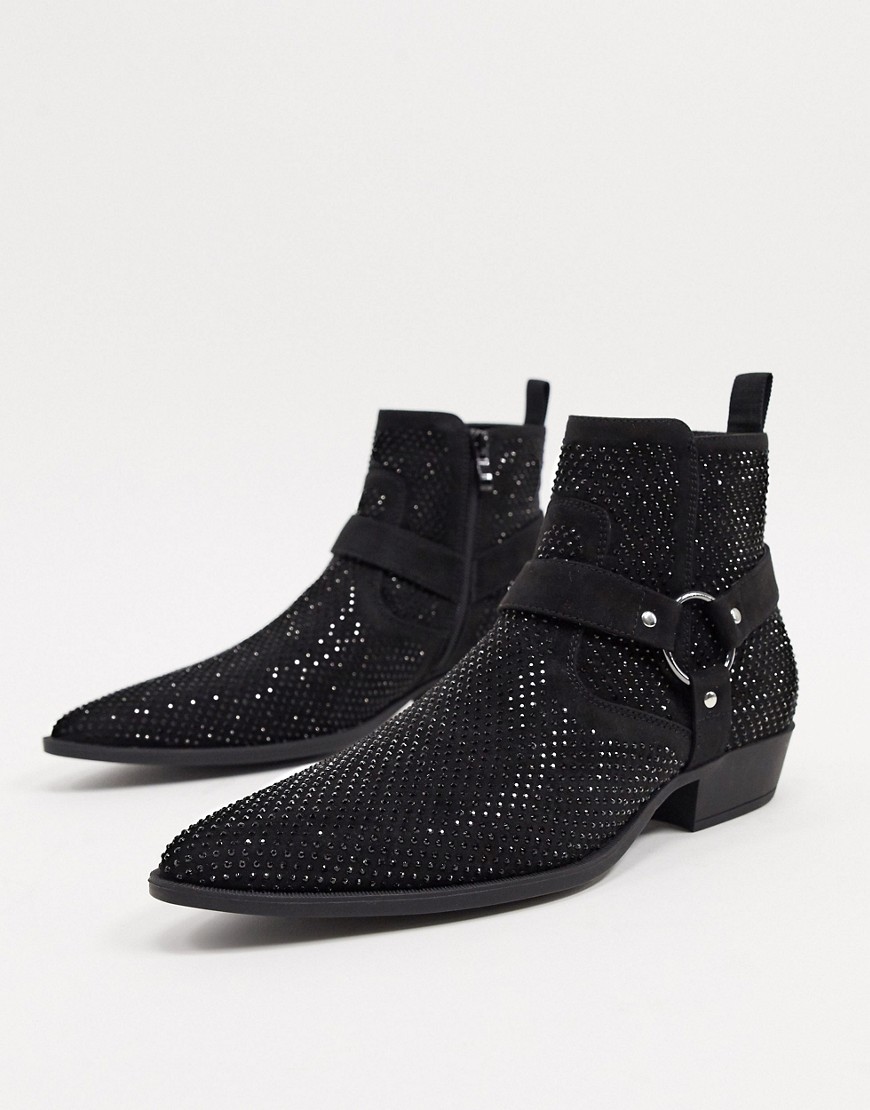 ASOS DESIGN - Stivali Chelsea stile western in camoscio sintetico nero con tacco cubano, strass e cinturino