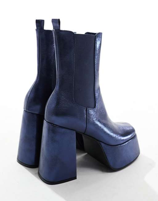 ASOS DESIGN - Stivali con tacco alto e plateau blu navy con finitura luccicante, 2 di 4