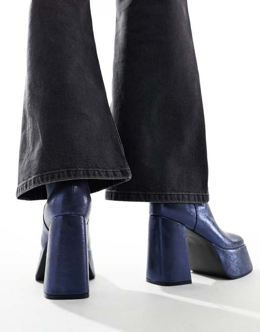 ASOS DESIGN - Stivali con tacco alto e plateau blu navy con finitura luccicante, 4 di 4