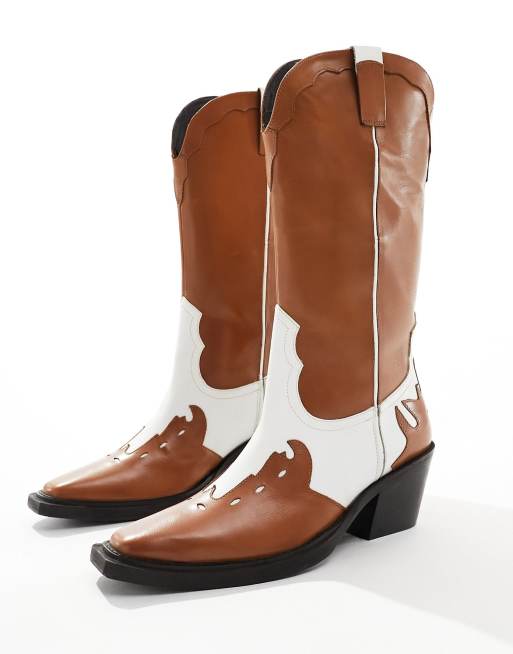 ASOS DESIGN - Stivali cubani stile western in pelle marrone con pannelli a contrasto, 2 di 4