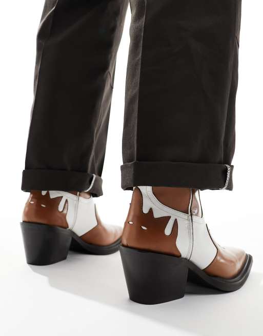 ASOS DESIGN - Stivali cubani stile western in pelle marrone con pannelli a contrasto, 3 di 4