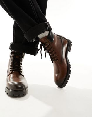 ASOS DESIGN lace up worker boots in brown leather - ASOS Price Checker