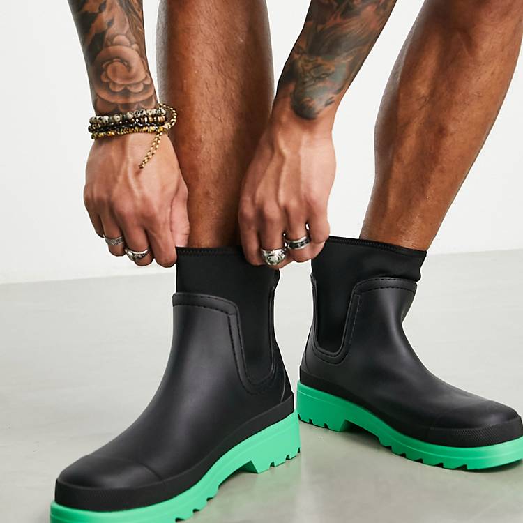 Asos Uomo Scarpe Stivali Stivali di gomma Stivali da pioggia neri con suola verde a contrasto 
