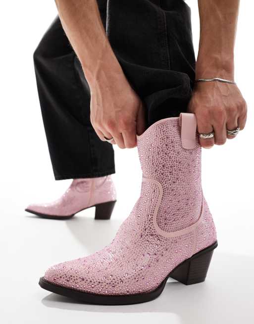 FhyzicsShops DESIGN - Stivali stile cowboy bassi rosa con paillettes