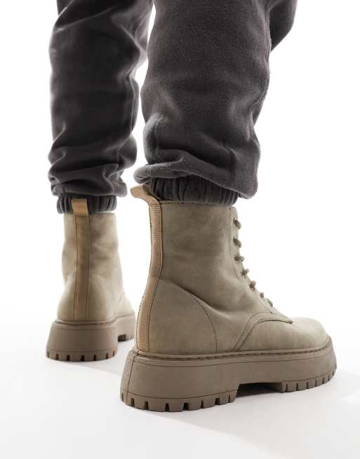 ASOS DESIGN - Stivali stringati in camoscio sintetico marrone con suola spessa rialzata, 3 di 4