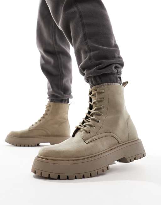 ASOS DESIGN - Stivali stringati in camoscio sintetico marrone con suola spessa rialzata, 4 di 4