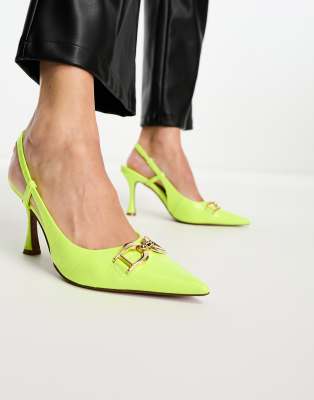 ASOS DESIGN – Stockholm – Schuhe in Kroko-Neongelb mit Trensen-Verzierung und mittelhohem Absatz 