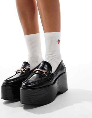 Asos Design Stomp Platform Heel Loafers In Black Croc