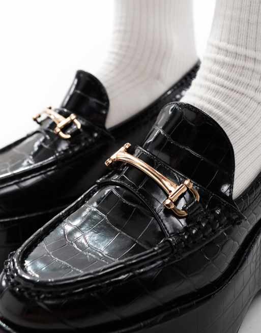 ASOS DESIGN Stomp platform heel loafers in black croc, 2 of 4
