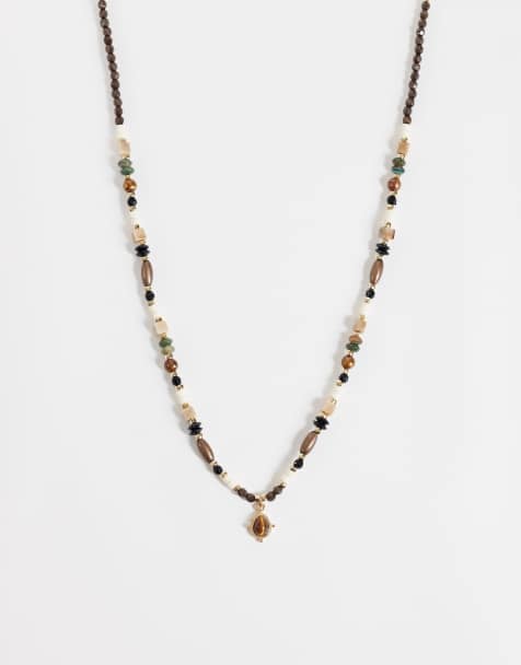 ASOS DESIGN stone pendant mixed shape beaded necklace in brown - view 1