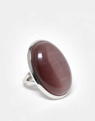 stone-set ring with mauve cat-eye stone in silver tone-Gold