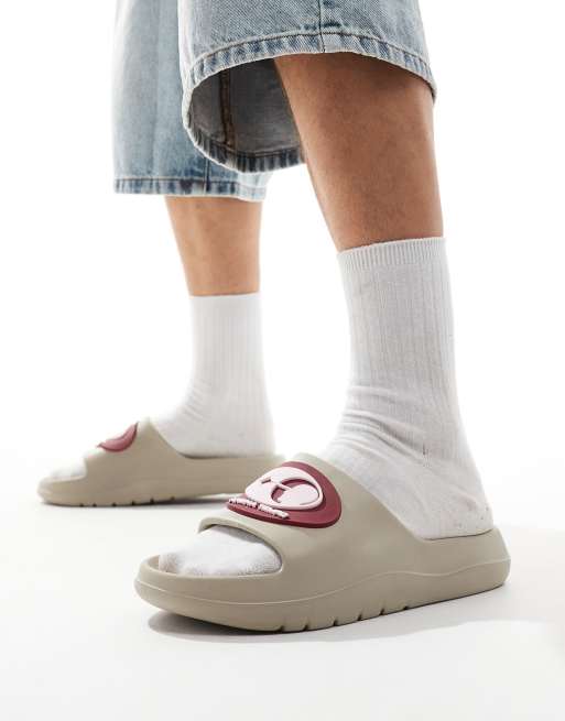 ASOS DESIGN stone slides with burgundy badge ASOS