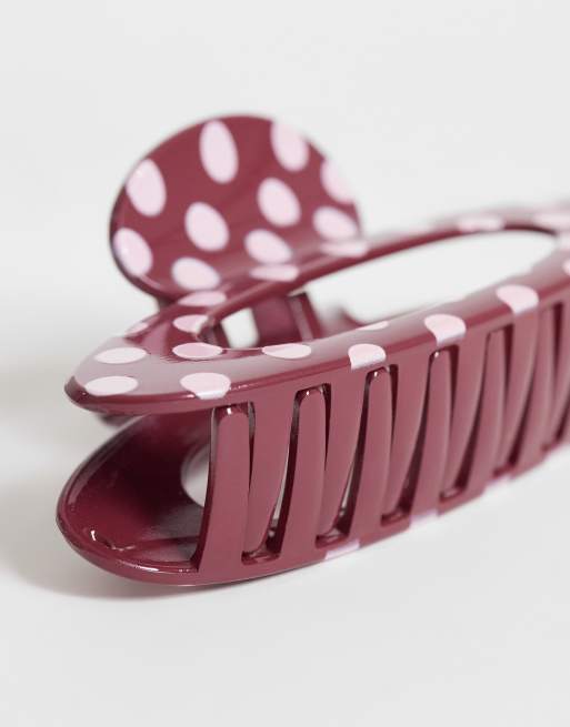 ASOS DESIGN stor oval hårklemme med prikker i pink og burgundy, 2 af 3