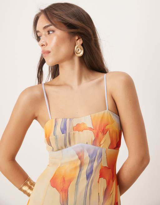 ASOS DESIGN chiffon strappy maxi dress with deep godets in overblown floral print
