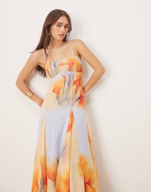 ASOS DESIGN chiffon strappy maxi dress with deep godets in overblown floral print