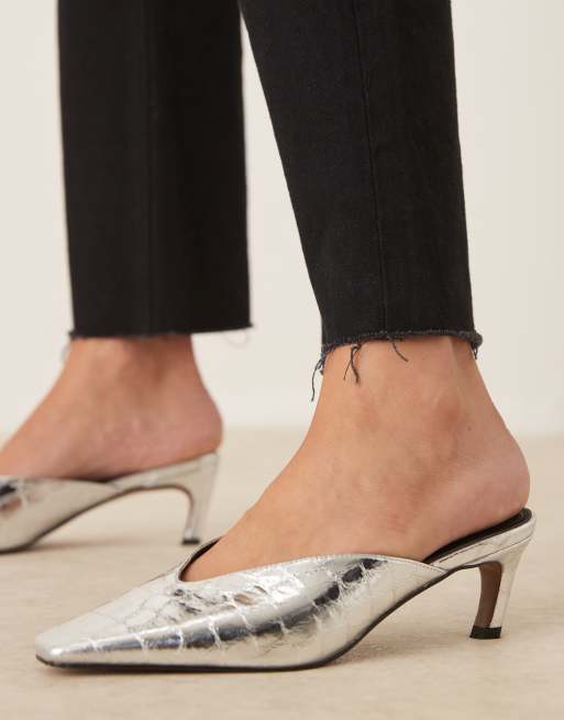 ASOS DESIGN Storm chisel toe mid heel mules in silver croc