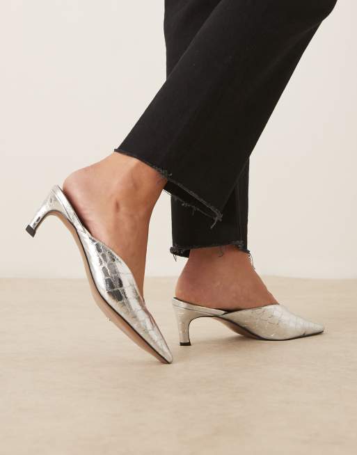 ASOS DESIGN Storm chisel toe mid heel mules in silver croc