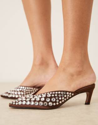 Asos Design Storm Embellished Chisel Toe Mid Heel Mules In Multi