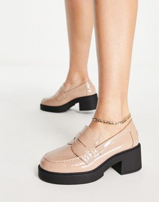 ASOS DESIGN Storming chunky mid heeled loafers in beige patent | ASOS