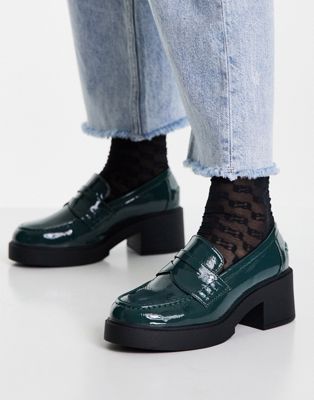 ASOS DESIGN Storming chunky mid heeled loafers in dark green