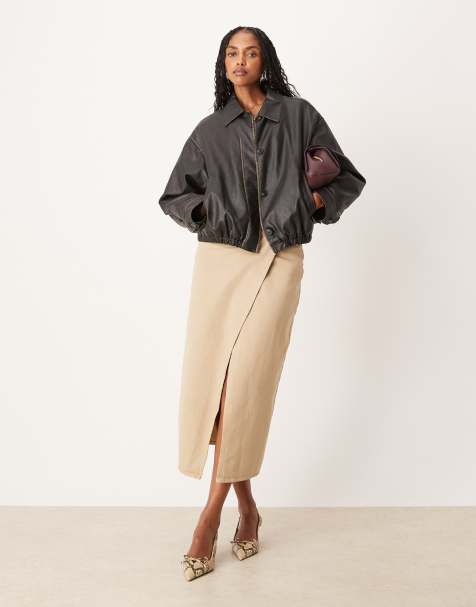 ASOS DESIGN straight column maxi skirt with wrap front in beige - view 1