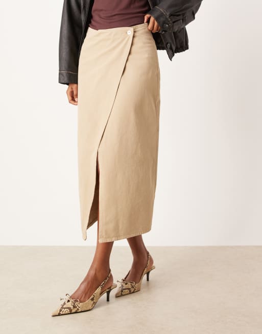 ASOS DESIGN straight column maxi skirt with wrap front in beige, 3 of 5