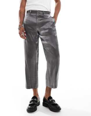 ASOS DESIGN straight crop length suit trousers in silver metallic