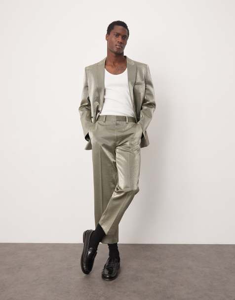ASOS DESIGN straight cropped suit trousers in silver metallic - view 1