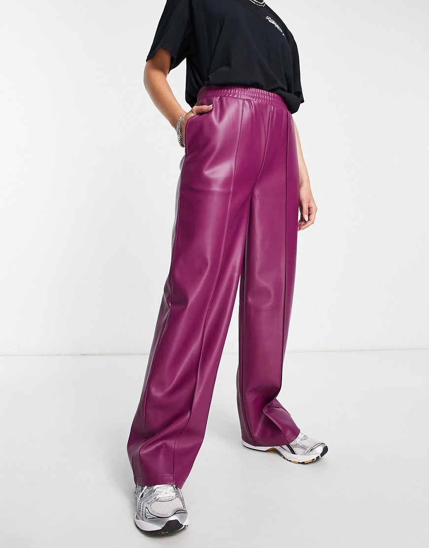 straight faux leather jogger pants in plum-Red